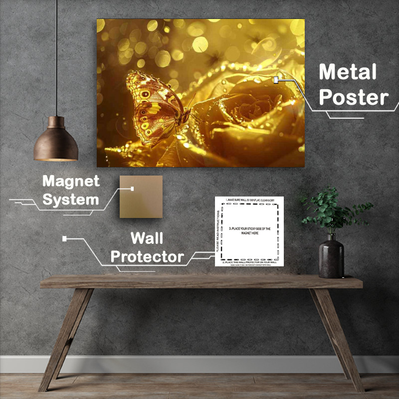 Buy Metal Poster : (Golden water droplets on a rose)