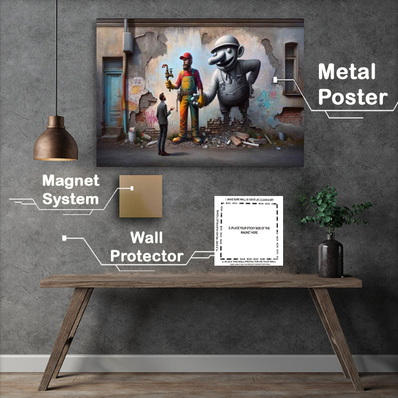 Buy Metal Poster : (Whimsical plumber in attire red cap abstract)