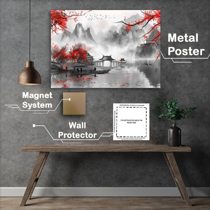 Buy Metal Poster : (Chinese ink cherry blossom on the lake)