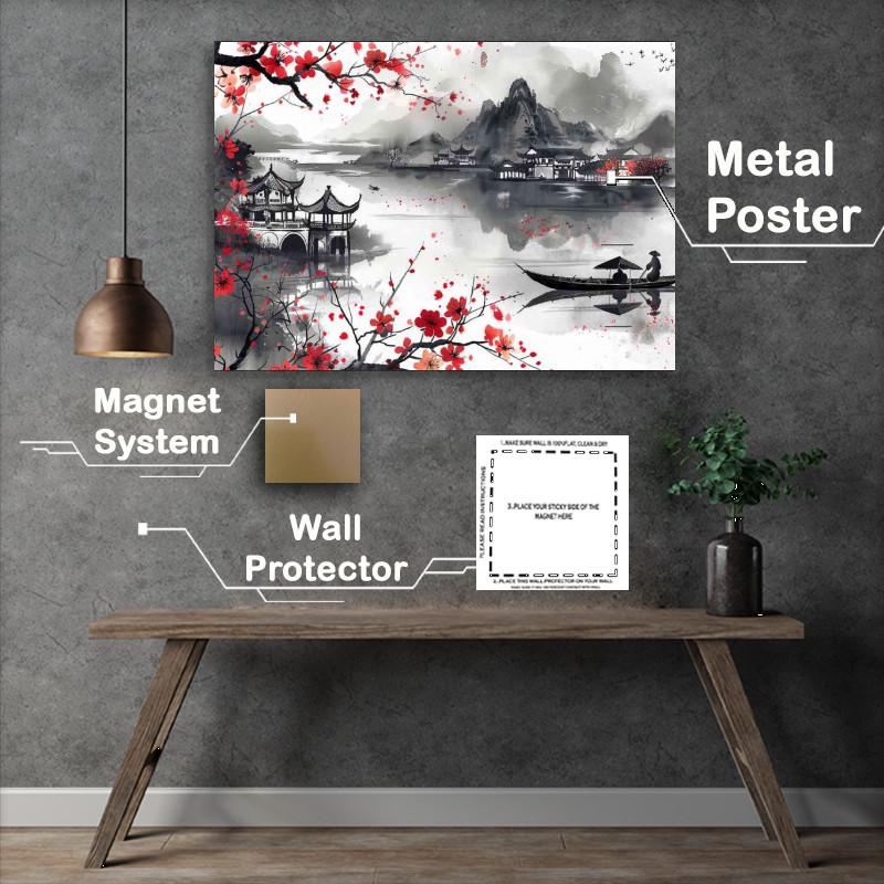 Buy Metal Poster : (Chinese ink rowing boat on the lake)