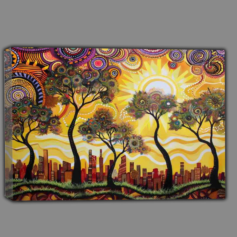 Buy Canvas : (Beautiful painting of the sun setting over an urban town)