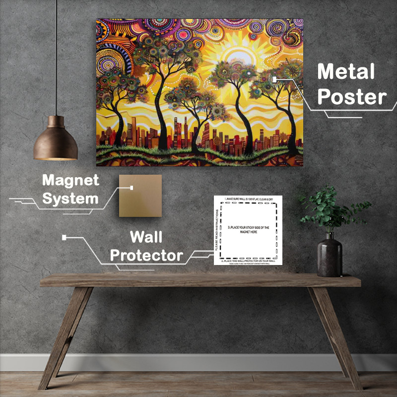 Buy Metal Poster : (Beautiful painting of the sun setting over an urban town)