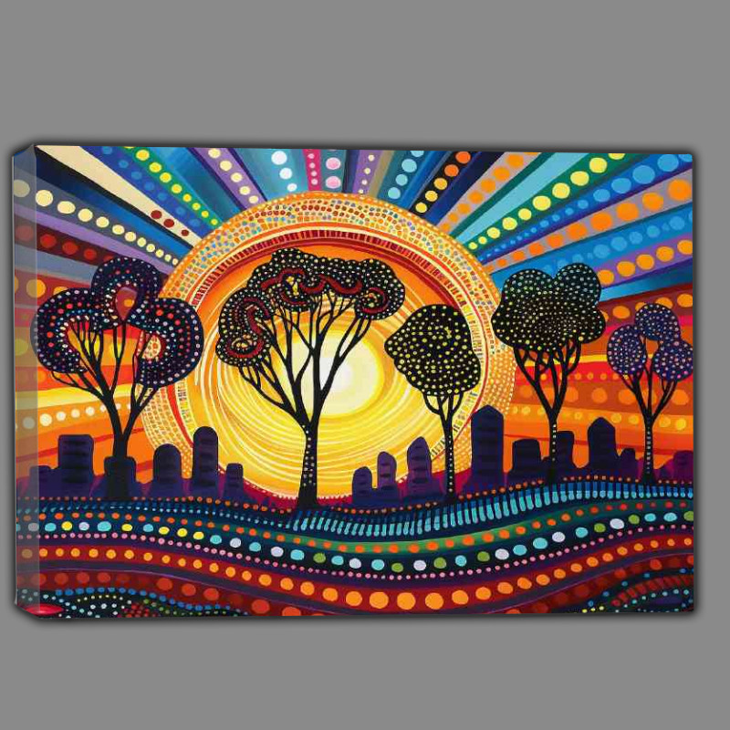 Buy Canvas : (Beautiful painting of the sun setting over urban)