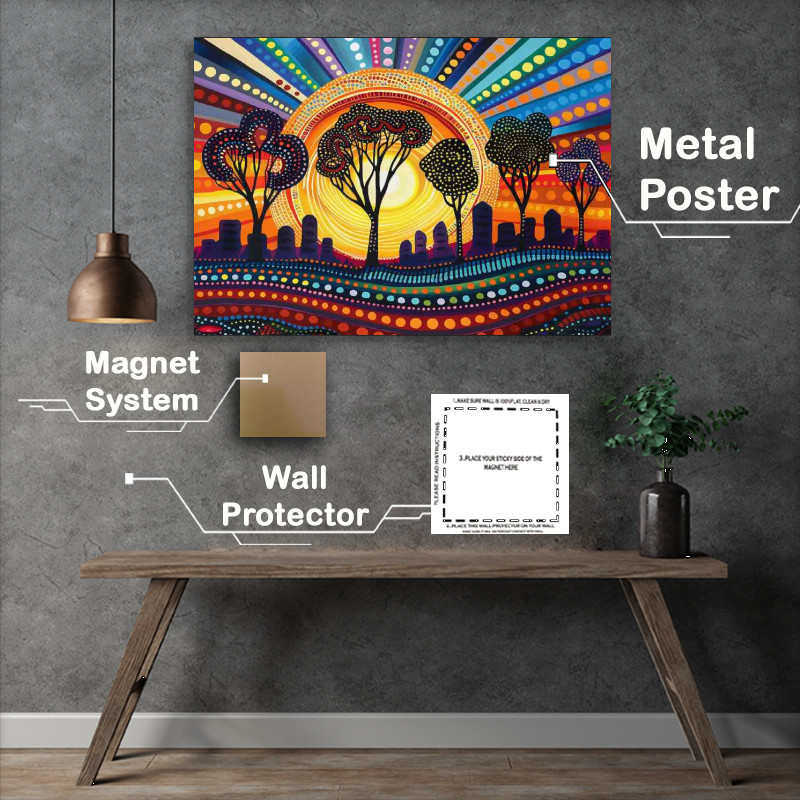 Buy Metal Poster : (Beautiful painting of the sun setting over urban)