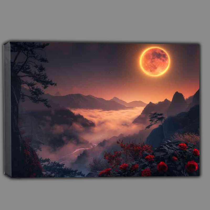 Buy Canvas : (The red moon with rigs over the mountains)
