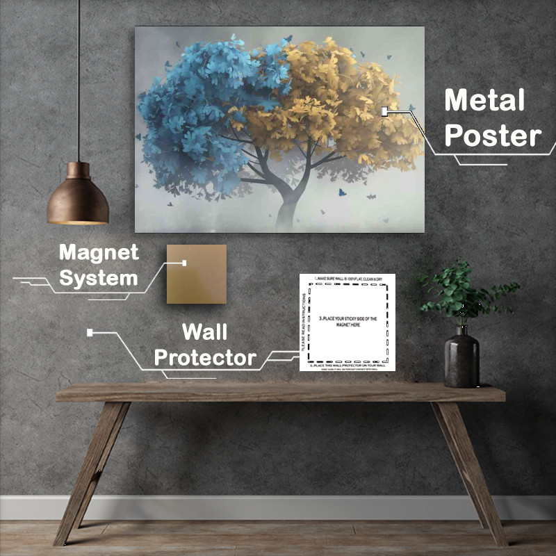 Buy Metal Poster : (The serene blue and yellow tree in mist)