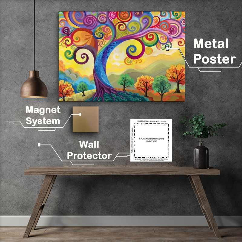 Buy Metal Poster : (Wimsical colourful tree on the hills)