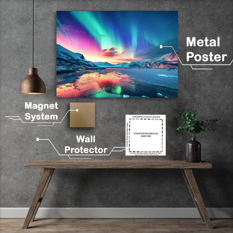 Buy Metal Poster : (Stunning view of the Northern Lights over snow)