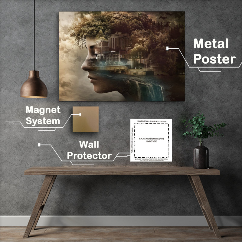 Buy Metal Poster : (Surrealistic of a woman s profile with her face as a cityscape)