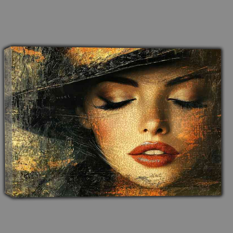 Buy Canvas : (Woman with closed eyes red lips wearing an elegant hat)