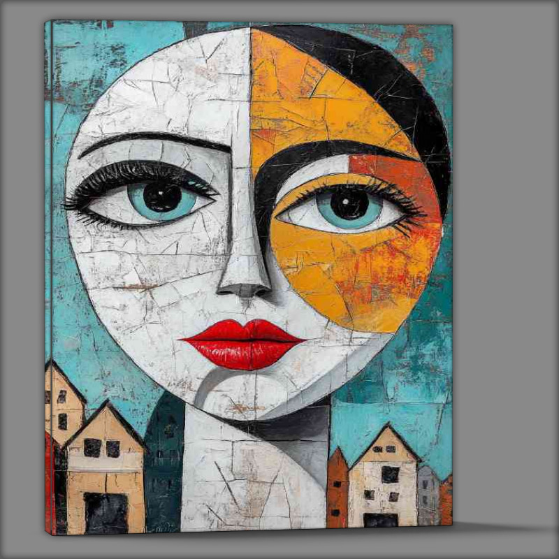 Buy Canvas : (Abstract art face woman with red lips and big eyes in city)