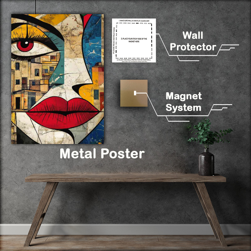 Buy Metal Poster : (Abstract art face woman with red lips city living)