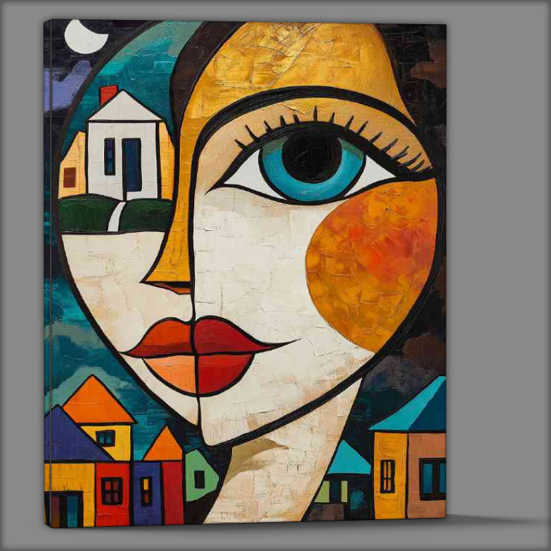Buy Canvas : (Abstract cubist painting of face with houses)
