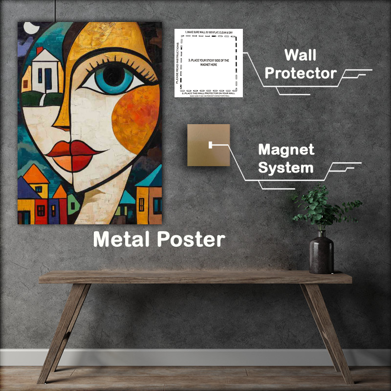 Buy Metal Poster : (Abstract cubist painting of face with houses)