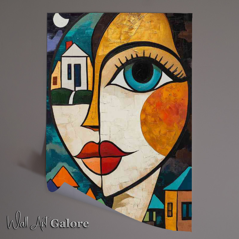 Buy Unframed Poster : (Abstract cubist painting of face with houses)