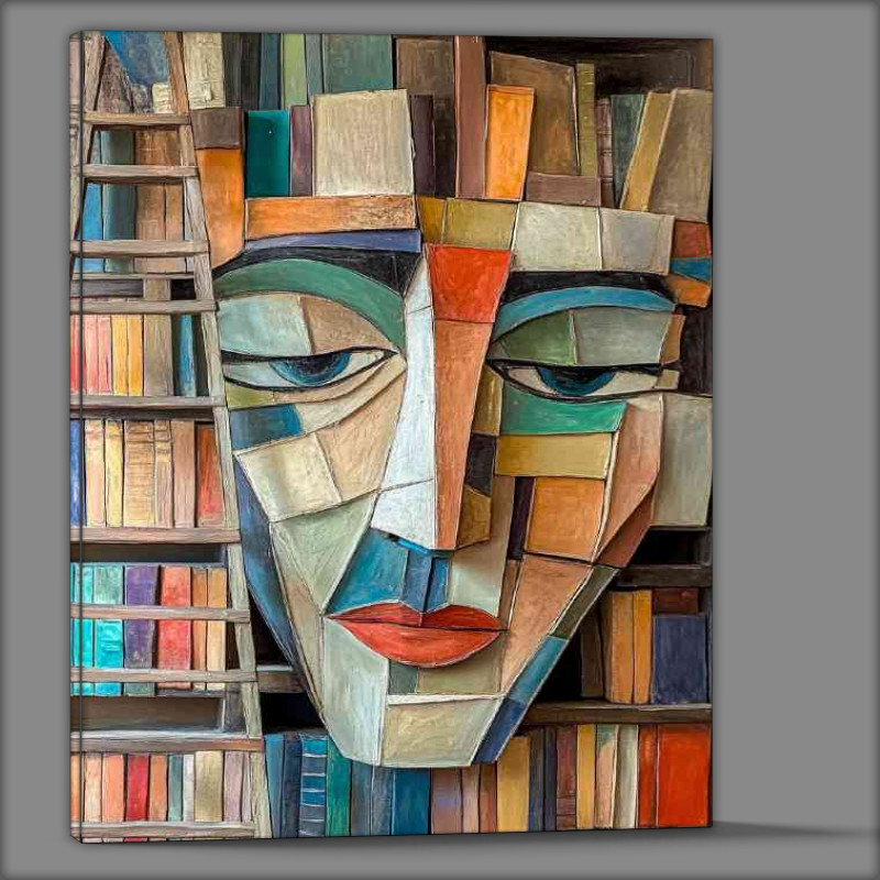 Buy Canvas : (Abstract face made of books with ladders and shelves)