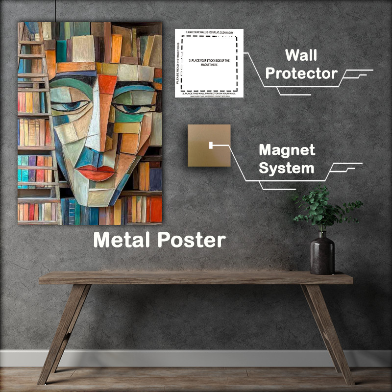 Buy Metal Poster : (Abstract face made of books with ladders and shelves)
