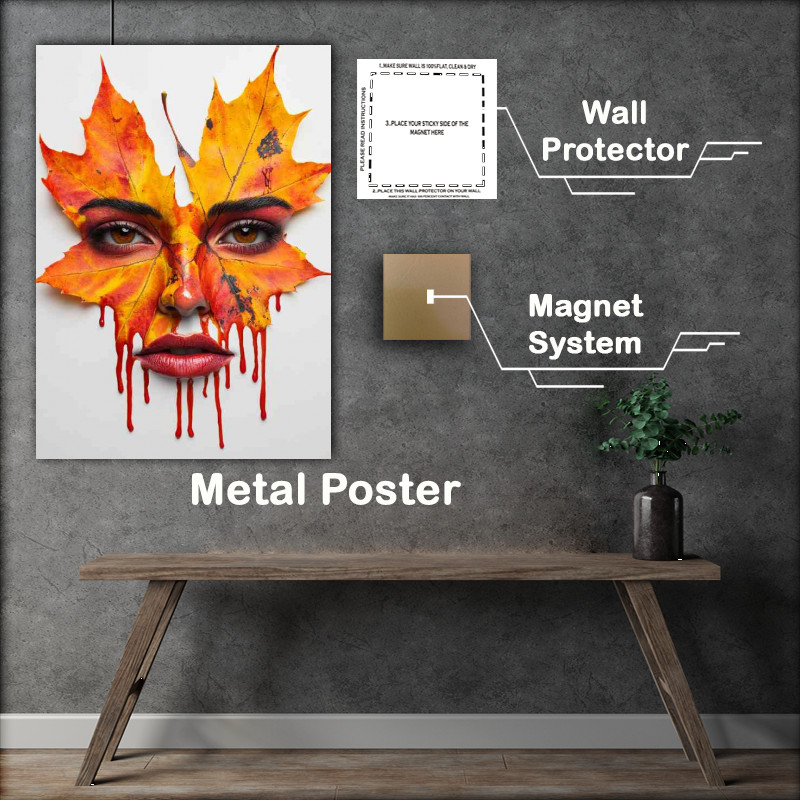 Buy Metal Poster : (Beautiful face made of two orange leaves dripping)