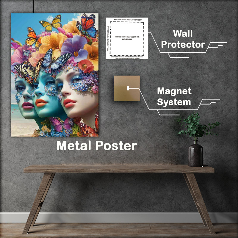 Buy Metal Poster : (Faces with flowers and butterflies beautiful)