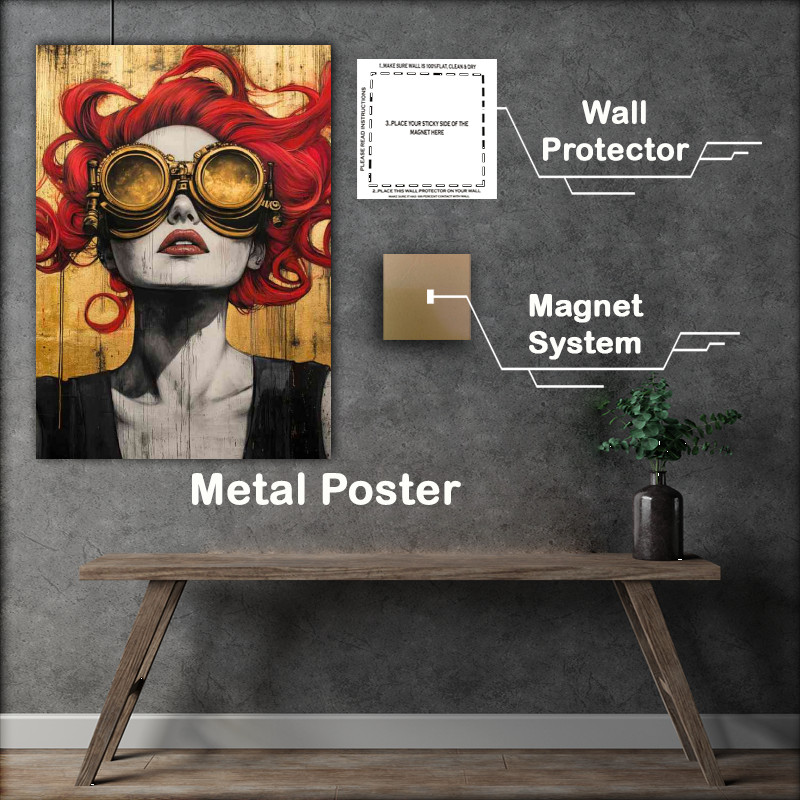 Buy Metal Poster : (Graffiti painting of red haired woman with steampunk)