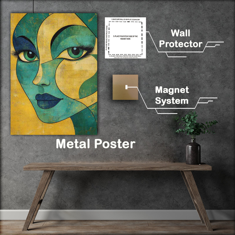 Buy Metal Poster : (Modern abstract images of a single face close-up with curves and green eyes)