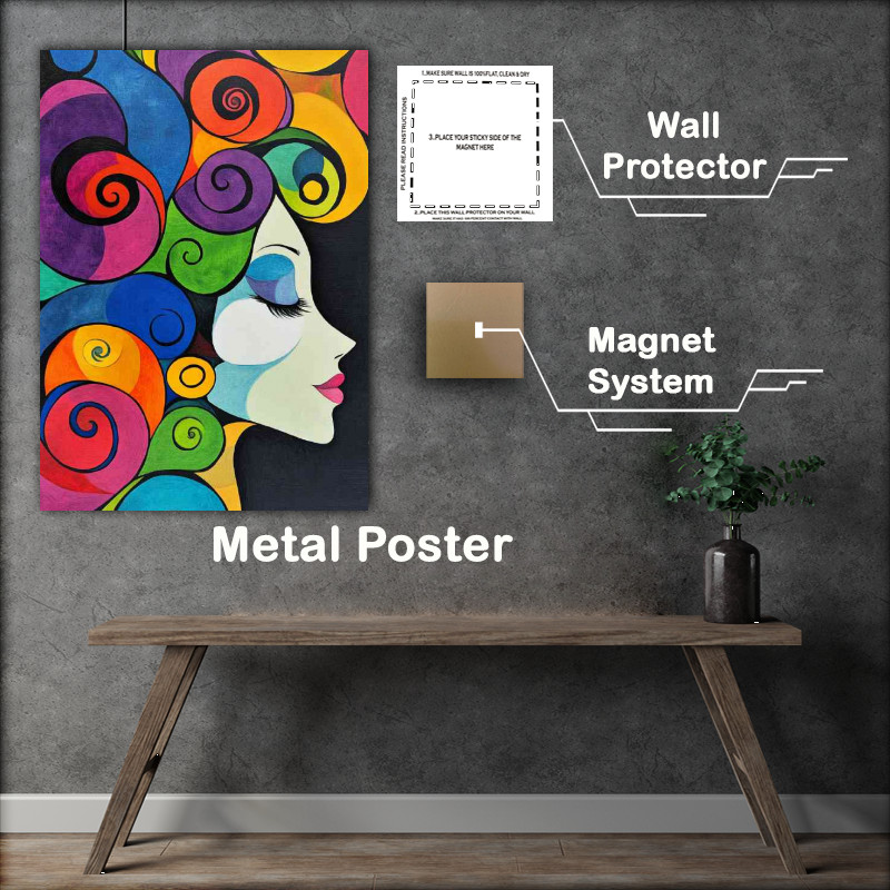 Buy Metal Poster : (Woman in the wind swirls and spirals colorful hair)