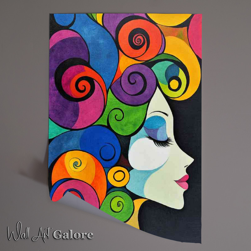 Buy Unframed Poster : (Woman in the wind swirls and spirals colorful hair)