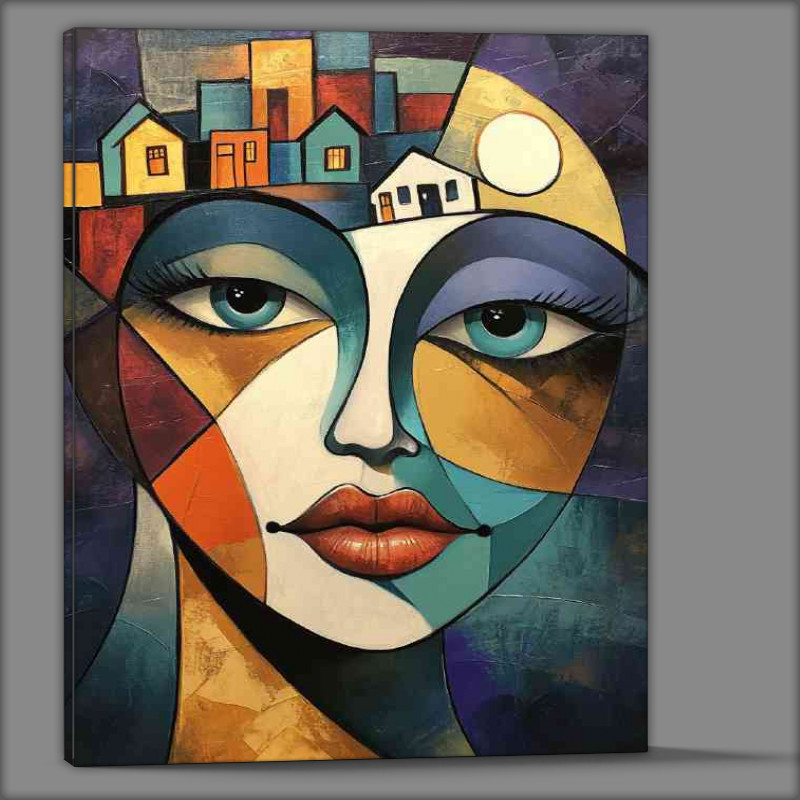 Buy Canvas : (abstract cubist painting of face with houses in her head)