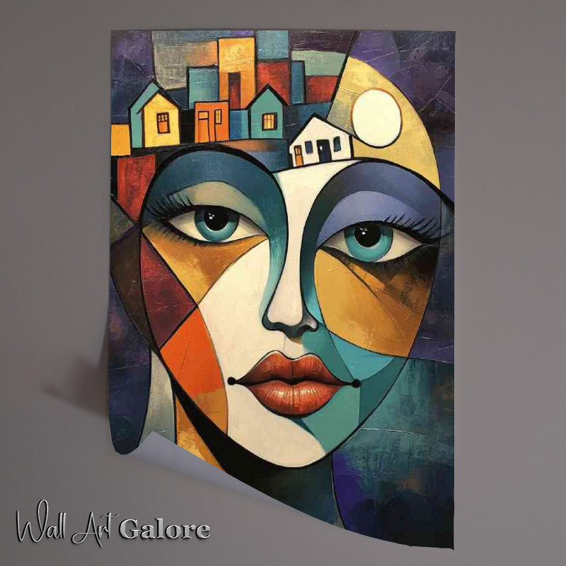 Buy Unframed Poster : (abstract cubist painting of face with houses in her head)
