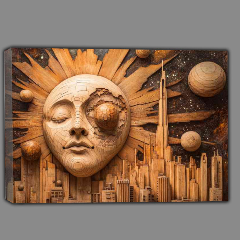 Buy Canvas : (Abstract Sun and Cityscape a wood carved style)