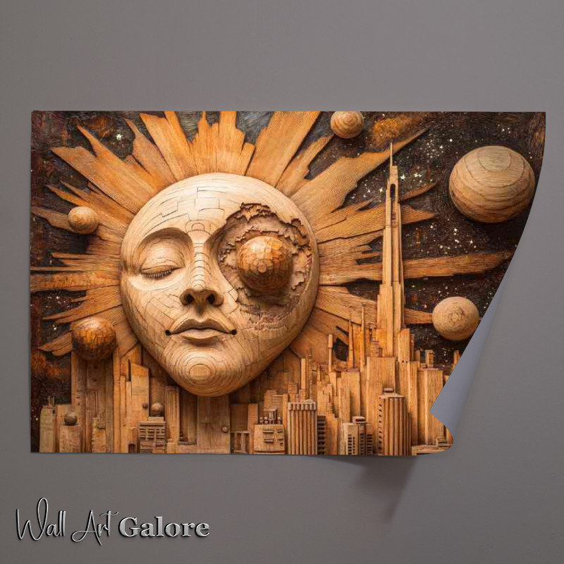 Buy Unframed Poster : (Abstract Sun and Cityscape a wood carved style)