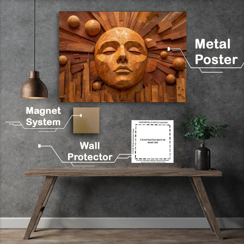 Buy Metal Poster : (Abstract Sun and Cityscape a wood carved style piece)