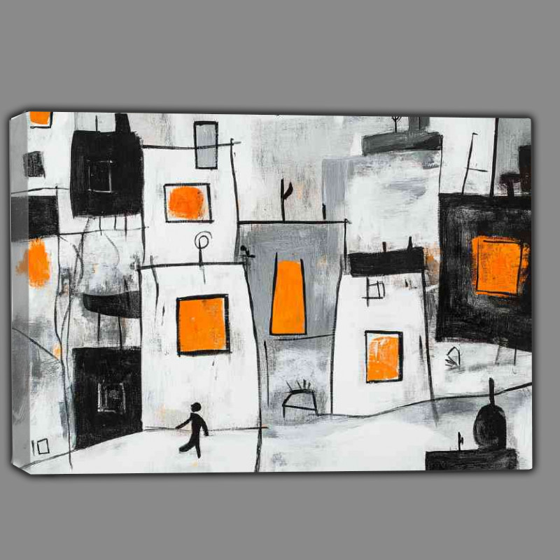 Buy Canvas : (Abstract painting of houses with black lines and shapes)