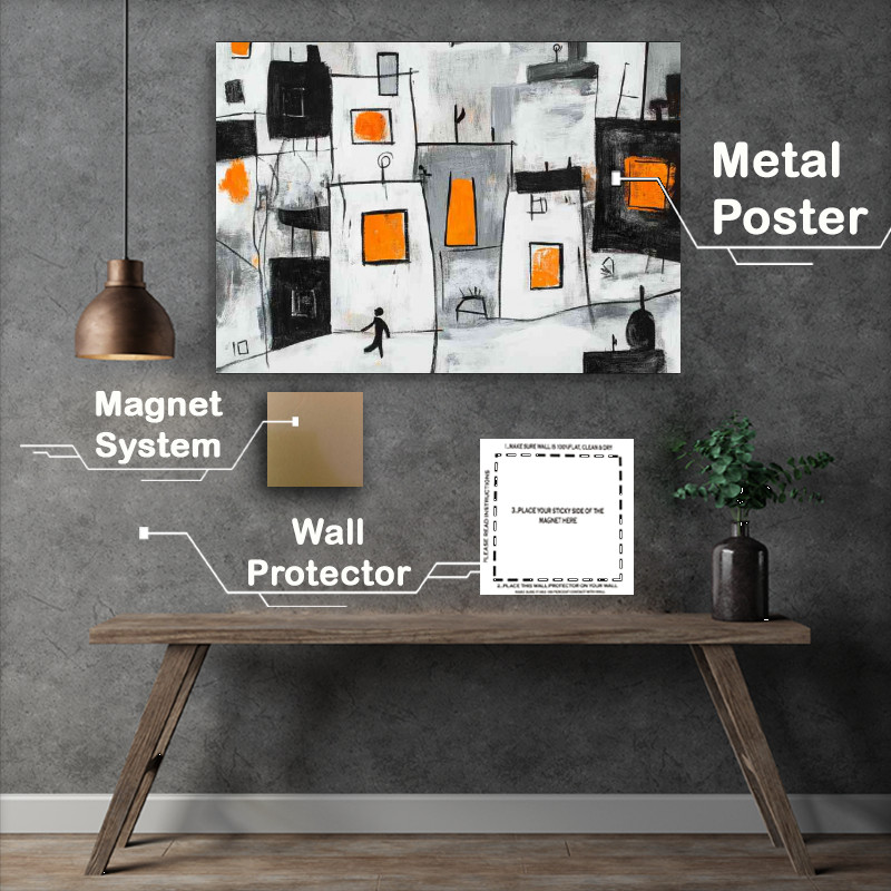 Buy Metal Poster : (Abstract painting of houses with black lines and shapes)