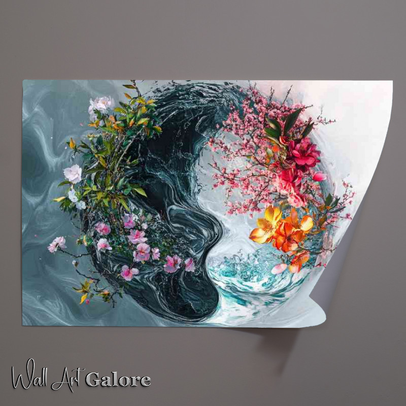Buy Unframed Poster : (Digital art piece of the yin yang symbol half flowers)