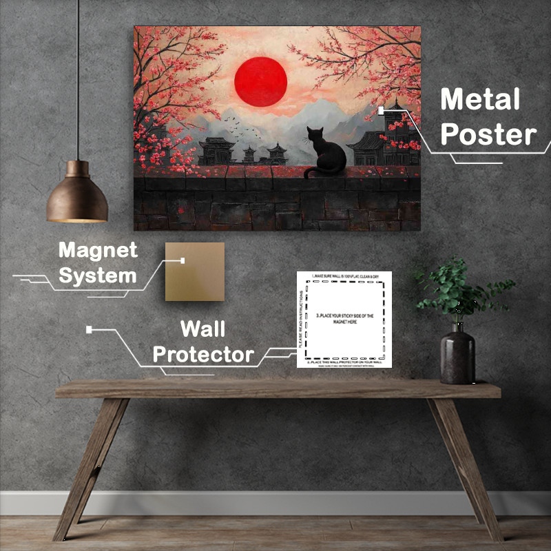Buy Metal Poster : (Painting of the red sun a black cat sitting)