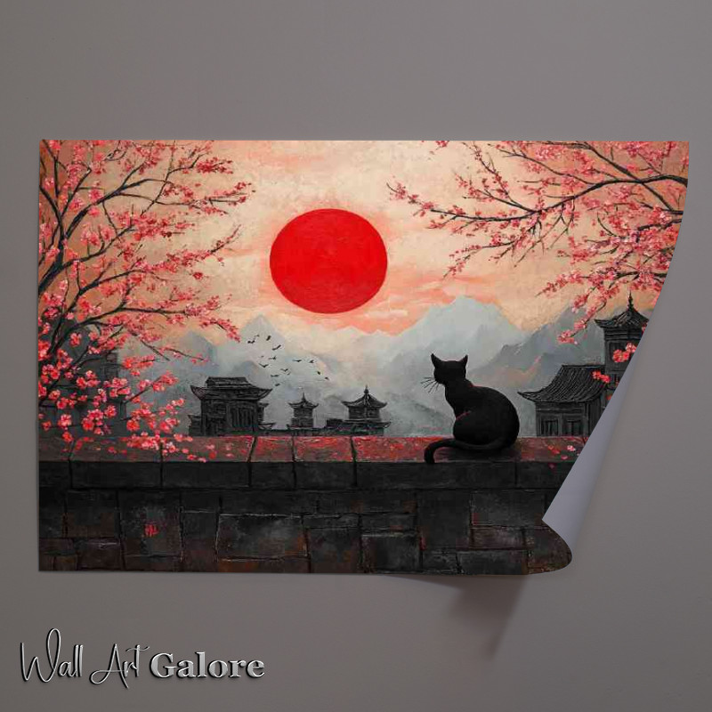 Buy Unframed Poster : (Painting of the red sun a black cat sitting)
