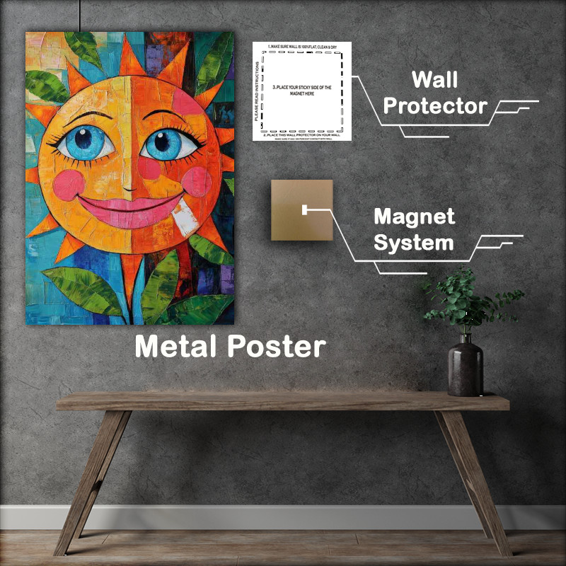 Buy Metal Poster : (Abstract colorful painting of a happy smiling orange sun)