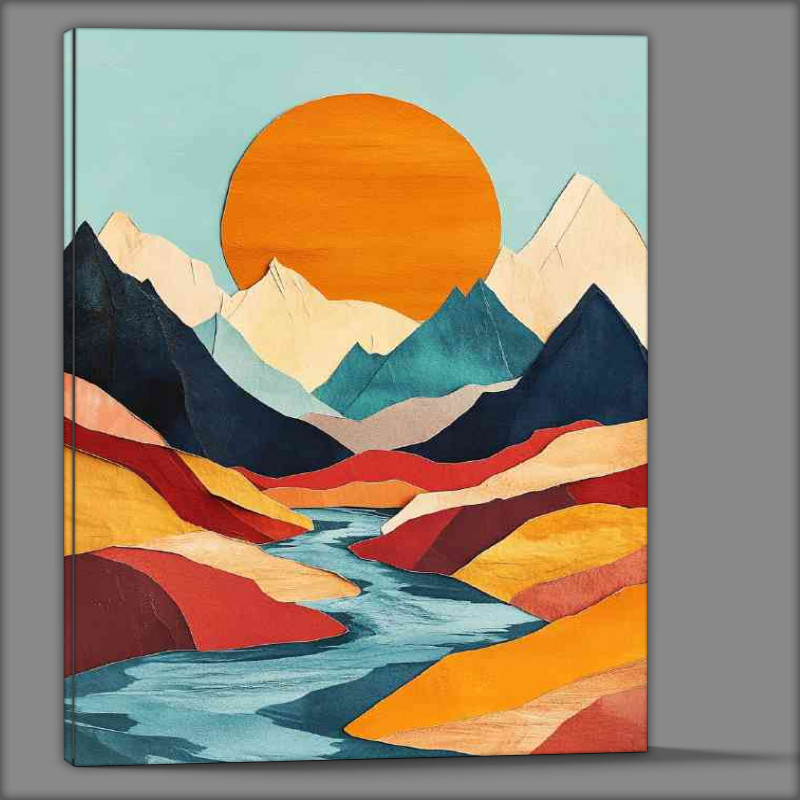 Buy Canvas : (Abstract illustration of mountains and a river art style)