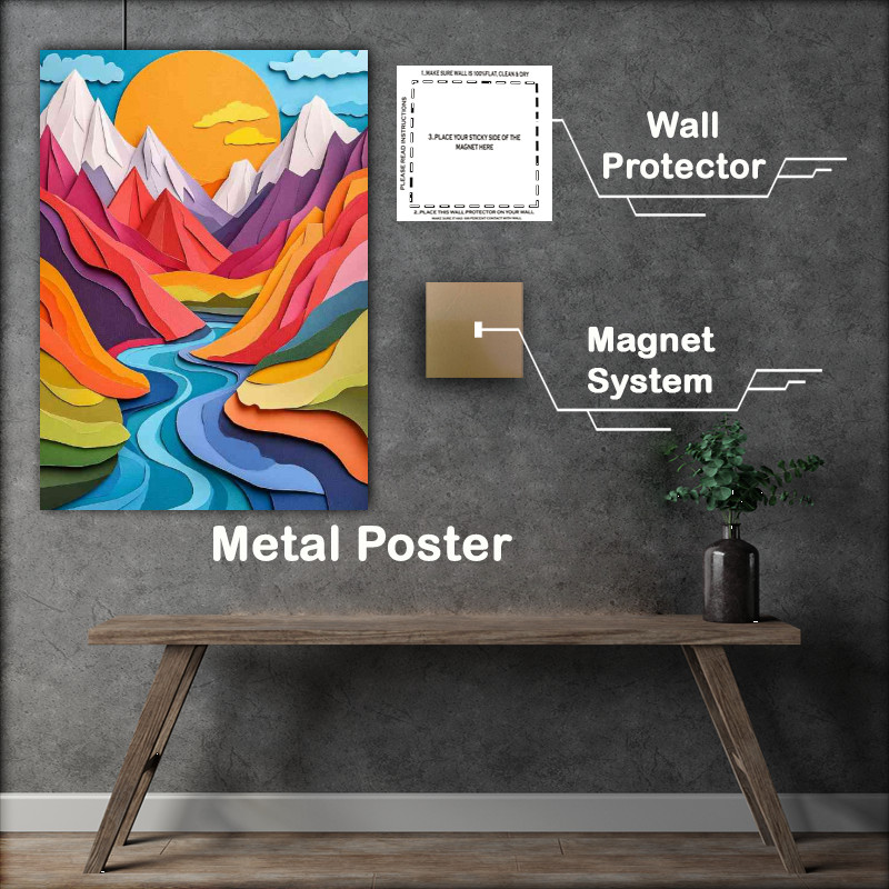 Buy Metal Poster : (Abstract illustration of mountains and a river with yellow sun)