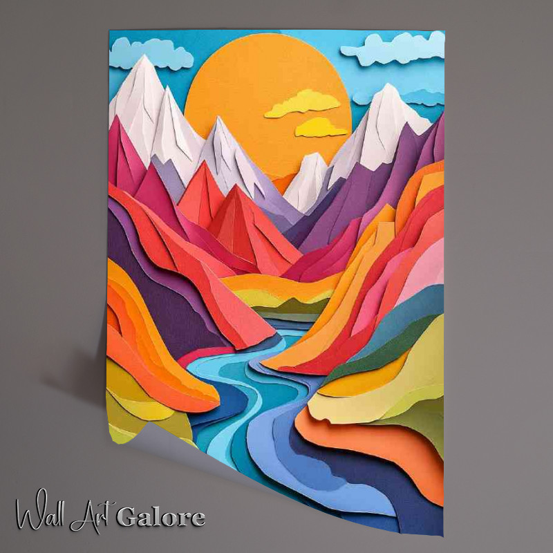 Buy Unframed Poster : (Abstract illustration of mountains and a river with yellow sun)