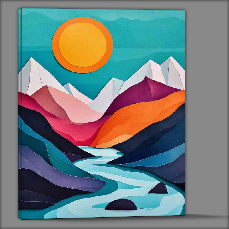 Buy Canvas : (Abstract illustration of mountains and a river with sun paper art style)