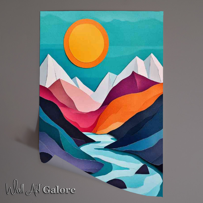 Buy Unframed Poster : (Abstract illustration of mountains and a river with sun paper art style)