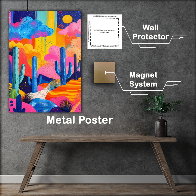 Buy Metal Poster : (Bold and colorful pattern of cacti clouds desert)