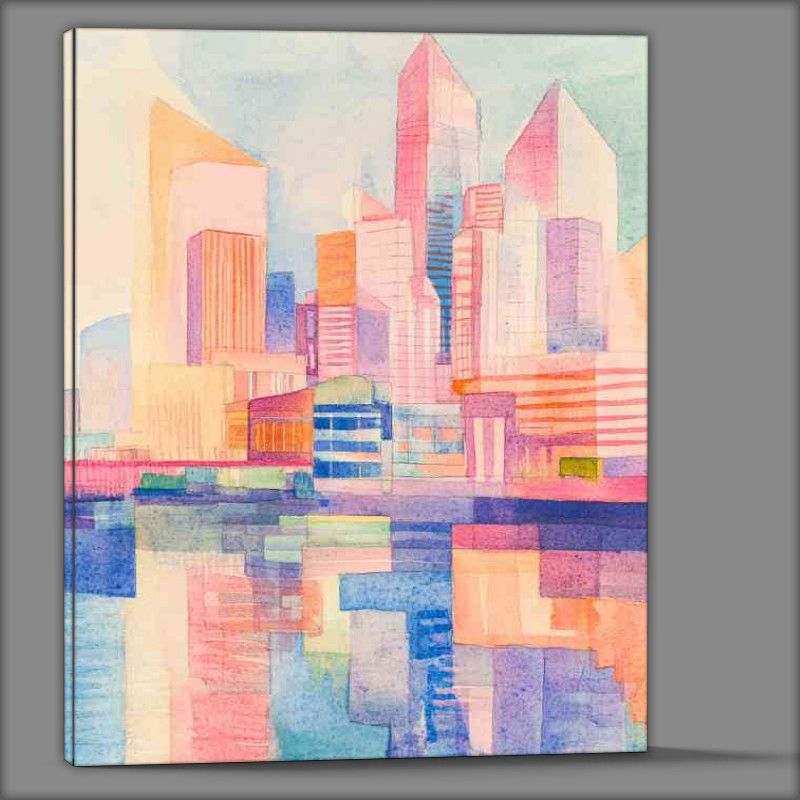 Buy Canvas : (Colorful watercolor collage of buildings and river)