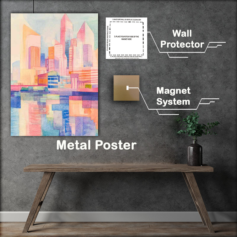 Buy Metal Poster : (Colorful watercolor collage of buildings and river)
