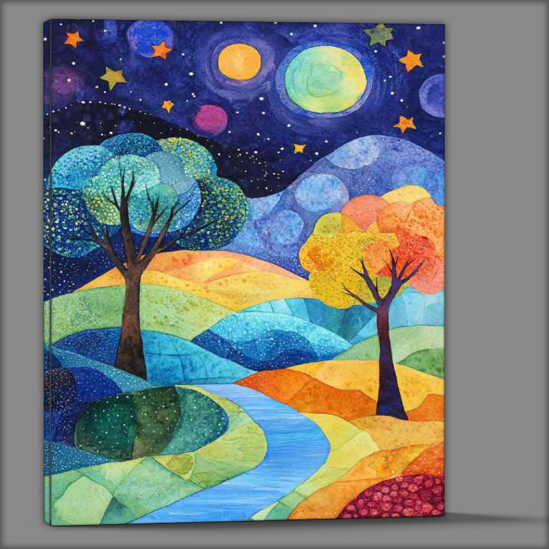 Buy Canvas : (Landscape painting with trees and hills stars)