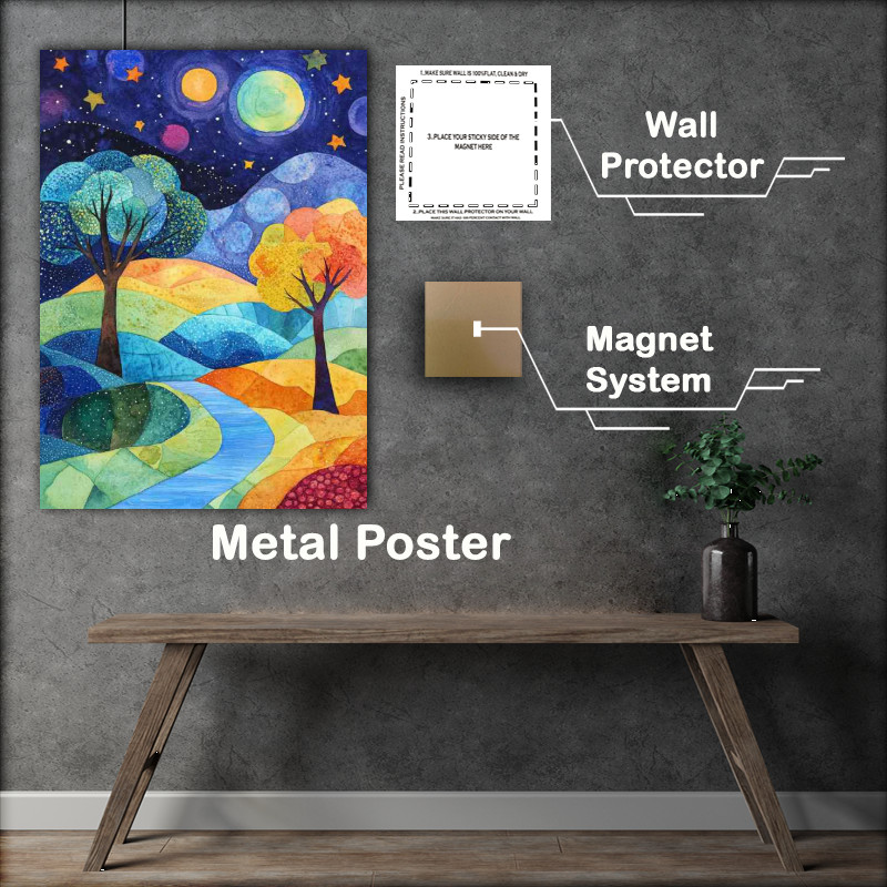 Buy Metal Poster : (Landscape painting with trees and hills stars)
