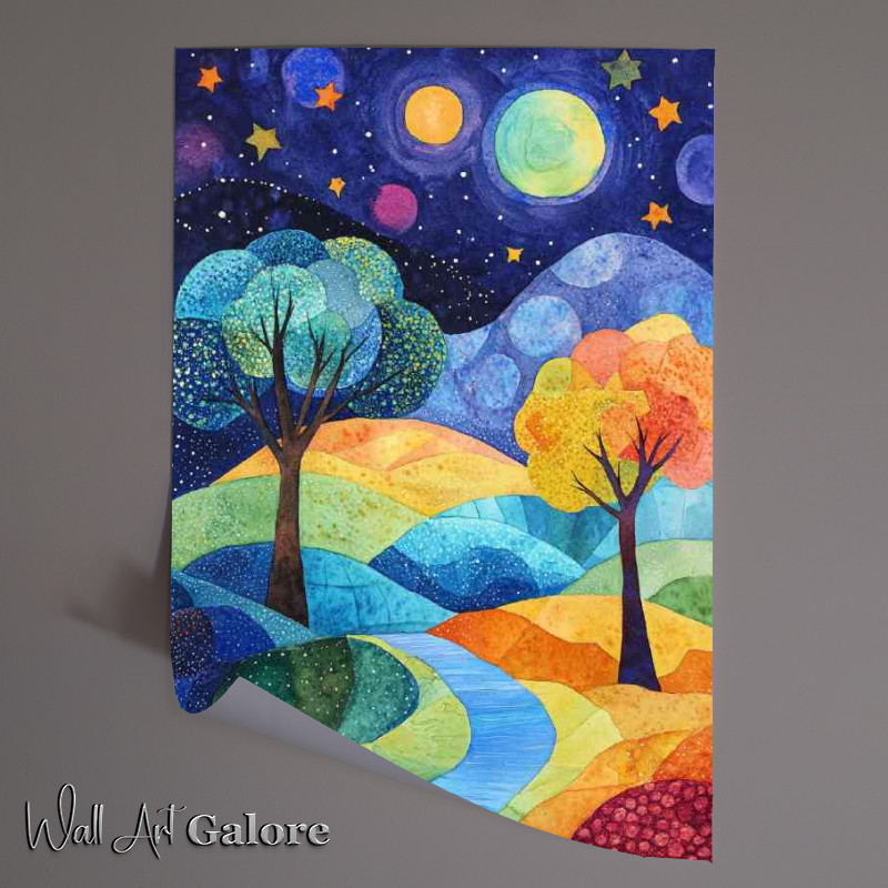 Buy Unframed Poster : (Landscape painting with trees and hills stars)