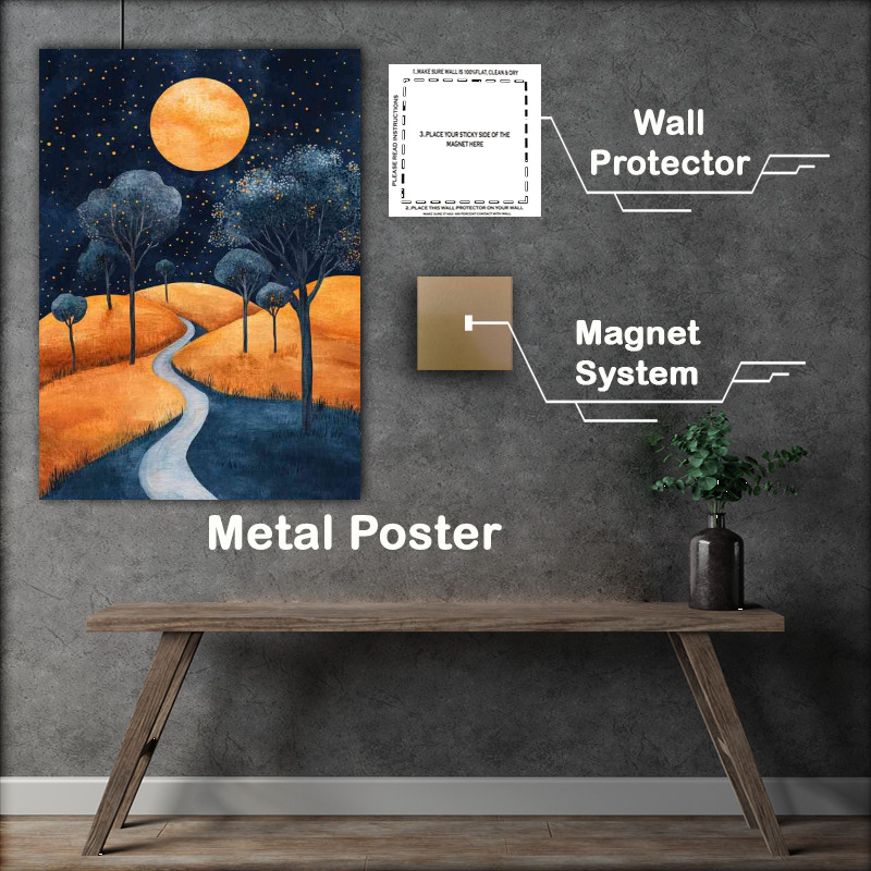 Buy Metal Poster : (Starry night sky with the moon casting its glow)